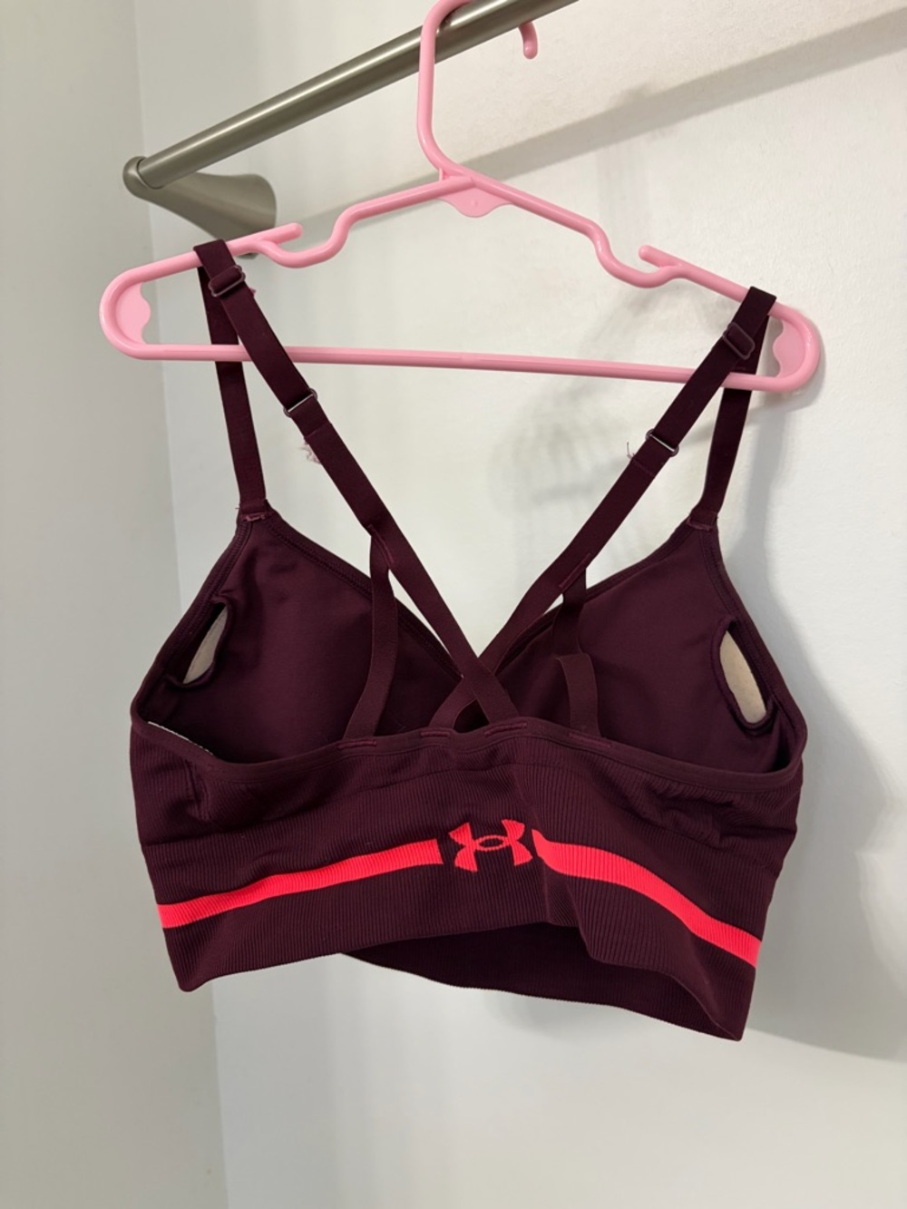 Under Armour Women's Deep Burgundy Sports Bra with Coral Logo Band - Picture 3 of 5